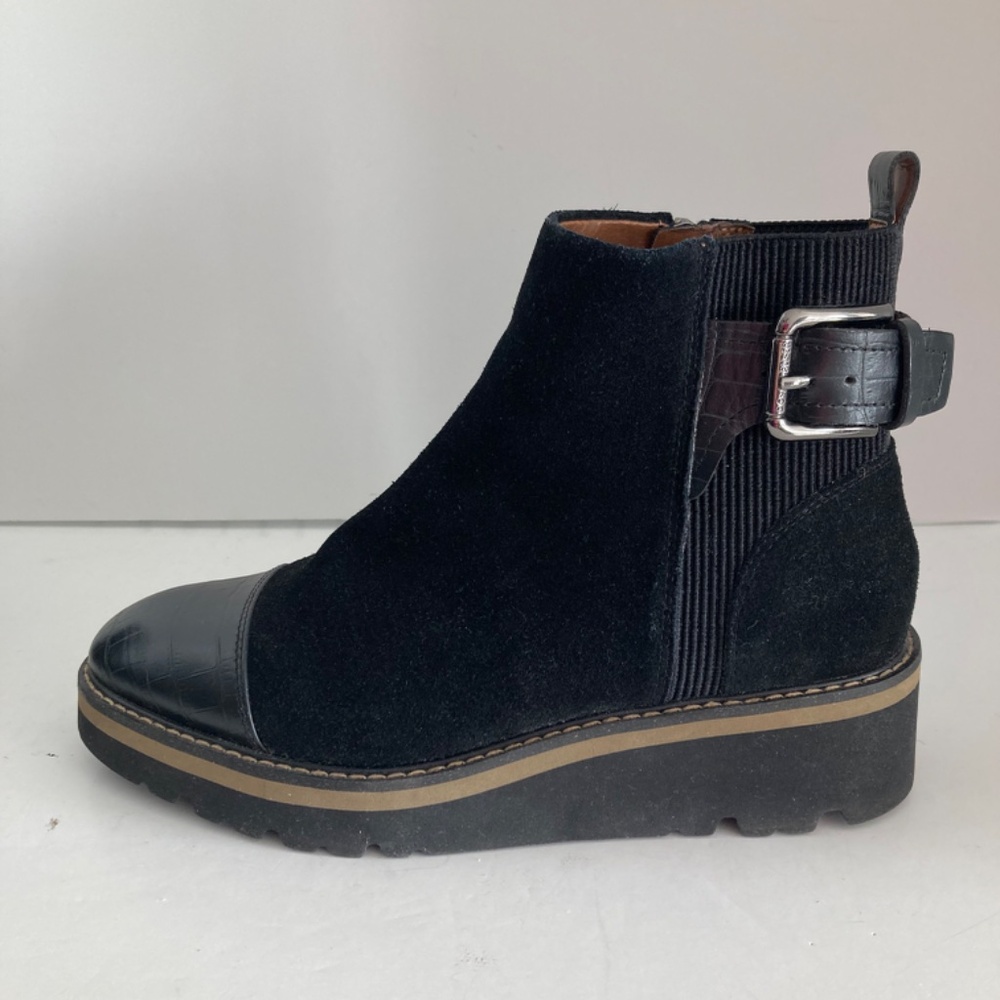 Donald J Pliner Tinsley Wedge Booties Women’s Boots 7.5 Black Suede Croc Cap Toe